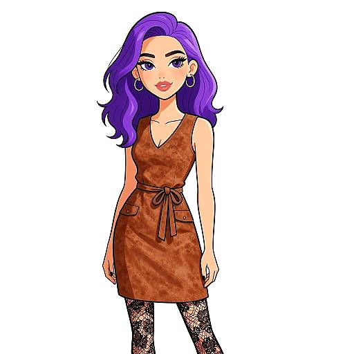 Woman in Brown Suede Dress with Purple Hair