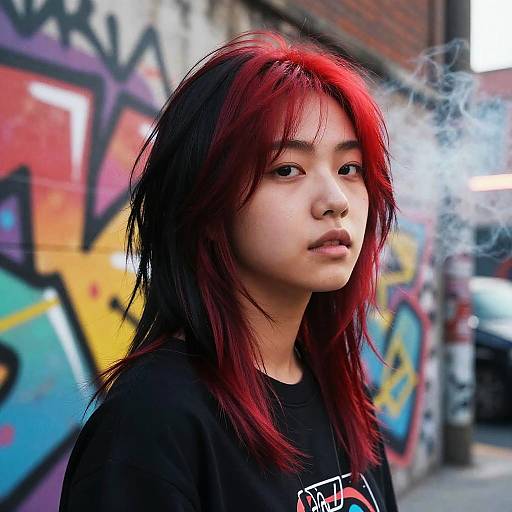 Photograph of an Asian teenager with red and black hair, wearing a black shirt, smoking, standing in front of colorful graffiti on a brick wall.