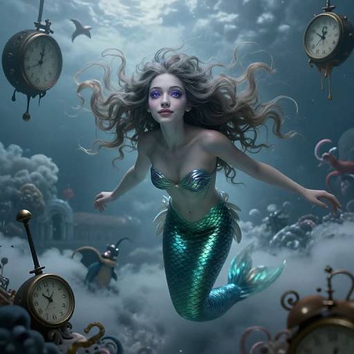 Digital fantasy artwork: A green, mermaid with flowing hair and shimmering scales swims through a cloudy underwater scene, surrounded by floating clocks.