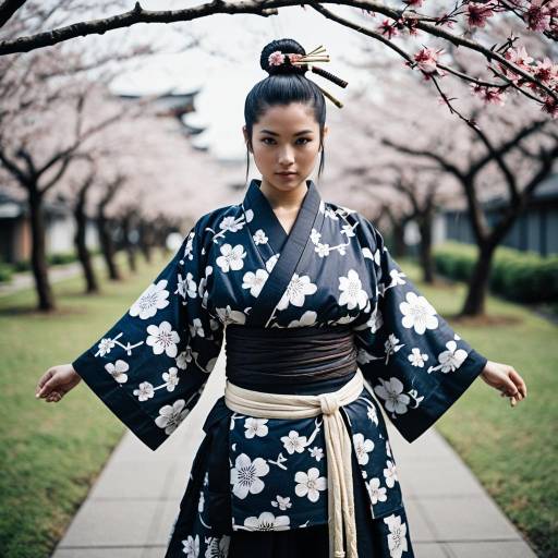 Young Woman in Floral Kimono with Top Knot Hairstyle