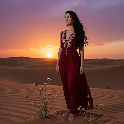 Photograph of a dark-haired woman in a deep red, embroidered dress standing in a desert at sunset, with sand dunes and wildflowers in the