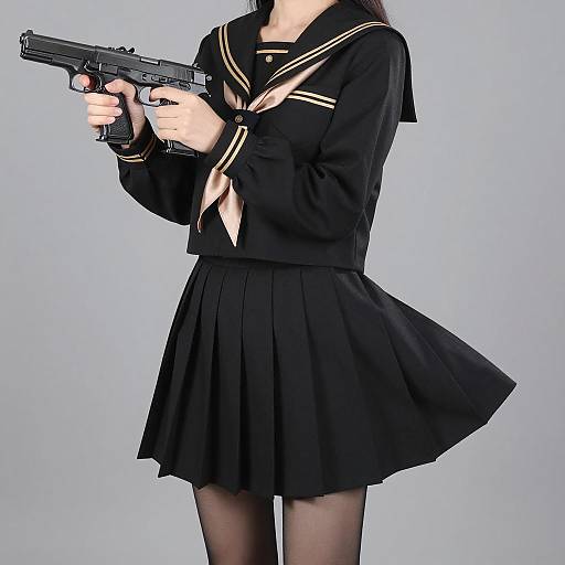 Woman in Black Sailor Uniform Holding Two Handguns