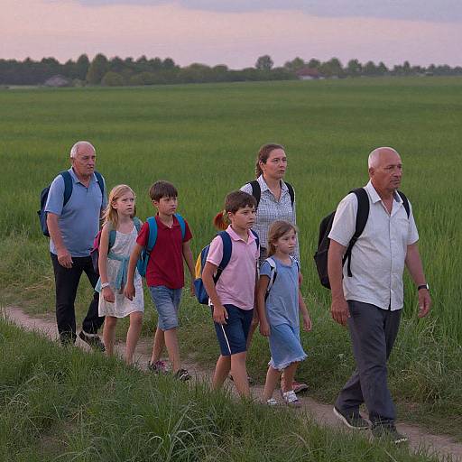 Photograph of six adults and children walking along a grassy path in a green field, with a cloudy sky in the background.