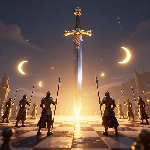 Digital artwork: Silhouetted armored warriors with spears face a glowing, towering sword under a night sky with crescent moons.