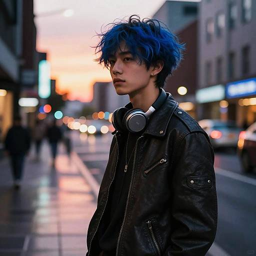 Photograph of a young Asian man with blue, tousled hair, wearing a black leather jacket and headphones, standing on a city street at sunset with