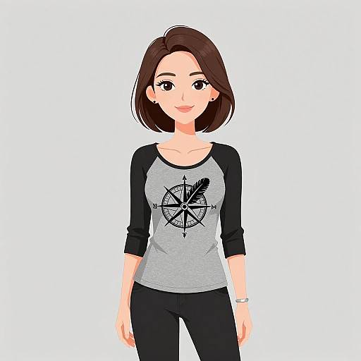 Digital illustration of a smiling woman with short brown hair, wearing a grey and black raglan shirt with a compass design, and black pants, against a