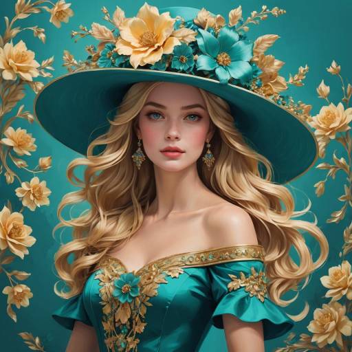 Elegant Woman in Floral Blue Dress and Hat