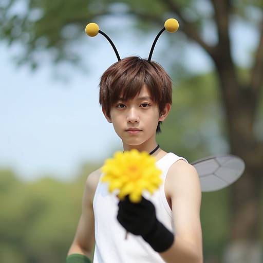 Photograph of a young Asian male in a white tank top, brown hair, bee antennae headband, holding yellow flowers, with translucent wings,