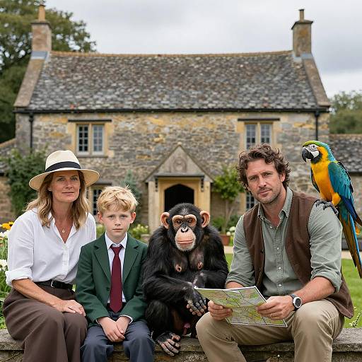 Family Gathering Near a Stone Cottage