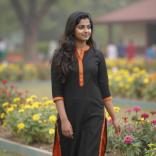 Young Indian Woman in Black and Orange Kurta in Garden