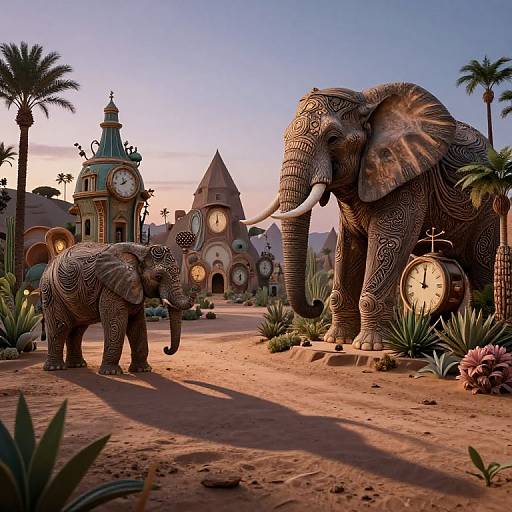 Photograph of two intricately patterned, life-sized elephants with large clocks, standing in a whimsical, desert-themed town at sunset.