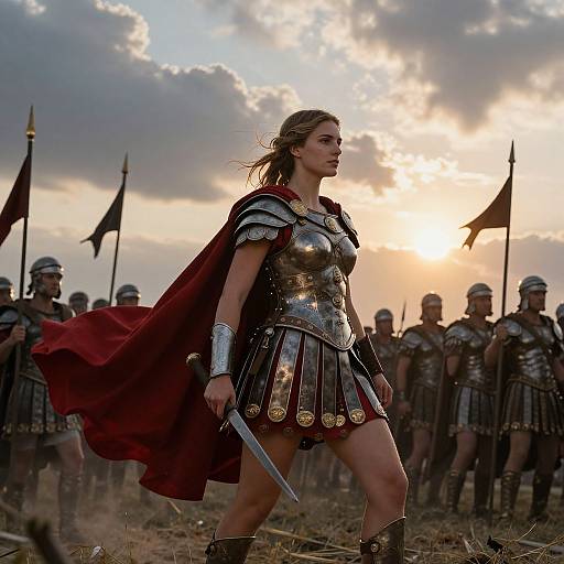 Photograph of a strong, blonde warrior woman in silver armor and red cape, holding a sword, leading a Roman legion at sunset.