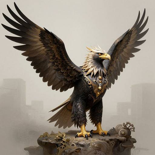 Digital art of a majestic, black-feathered eagle with a golden beak and talons, standing on a stone pedestal with intricate carvings