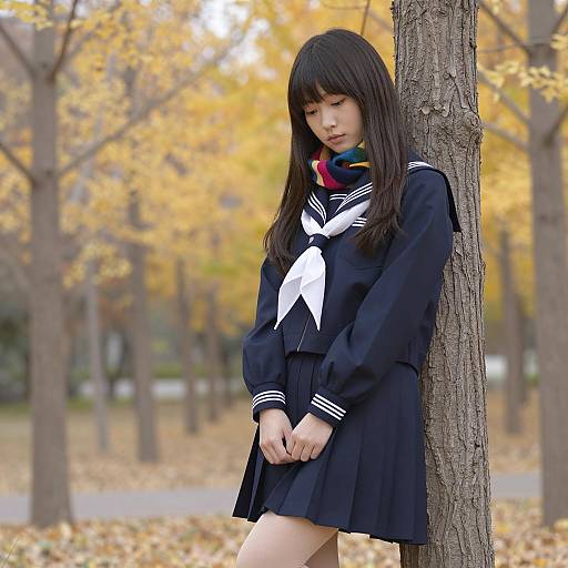 Emotive Japanese Schoolgirl in Autumn Scene