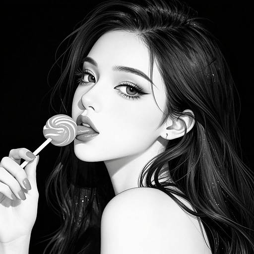 Black-and-white digital drawing of a beautiful woman with long, wavy hair, sensually licking a swirl lollipop against a black background.