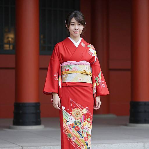 Photograph of a young Asian woman in a vibrant red kimono with colorful floral patterns, standing in front of red columns.