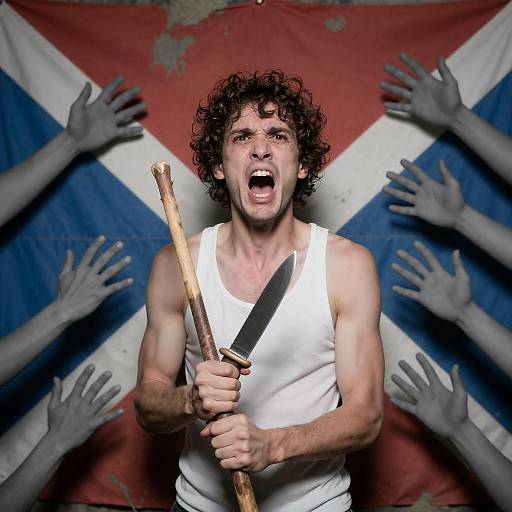 Frightened Man Amidst Outstretched Hands