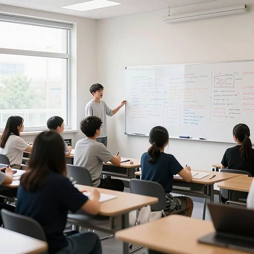 Photograph of a bright classroom with five Asian students, four girls and one boy, seated at desks, listening to a male teacher writing on a white