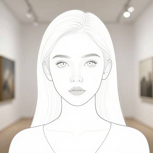 Monochrome digital line drawing of a young woman with long hair in an art gallery, with blurred paintings in the background.