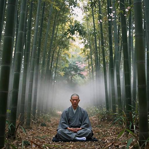 Zen Monk Meditating in Bamboo Forest
