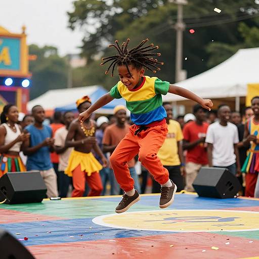 Photograph of a young African boy with dreadlocks, jumping mid-air on a colorful inflatable mat, wearing a rainbow shirt and orange pants, surrounded by