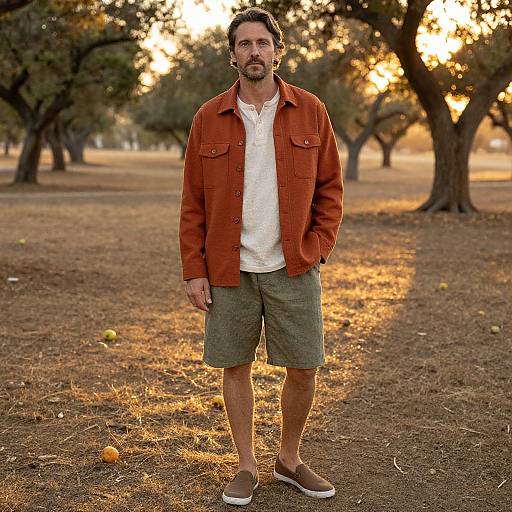 Photograph of a bearded man with brown hair, wearing an orange jacket, white shirt, green shorts, and brown slip-on shoes, standing in