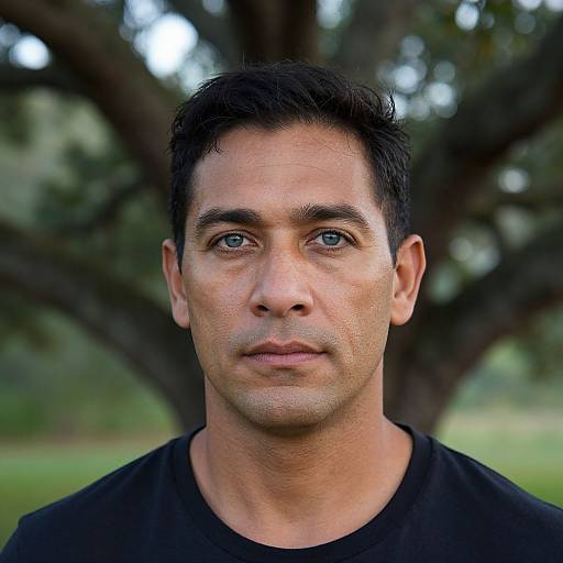 Photograph of a young man with short black hair, blue eyes, and light olive skin, wearing a black shirt, standing in front of a blurred