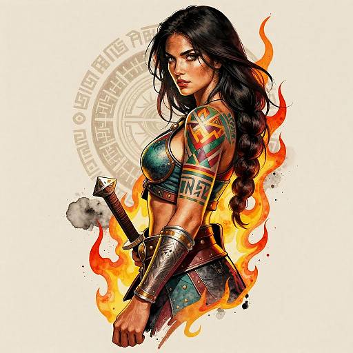 Vibrant Female Warrior Tattoo Sleeve