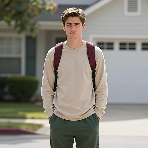 Young Man Standing Outdoors in Casual Attire