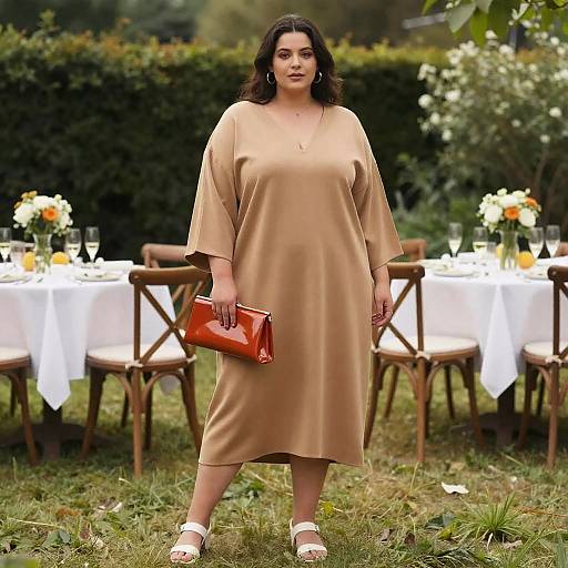 Stocky Woman in Minimalist Camel Tunic
