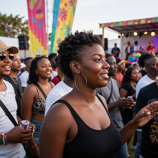 Photograph of a diverse crowd at an outdoor festival, featuring a smiling, dark-skinned woman with short curly hair, wearing a black tank top and