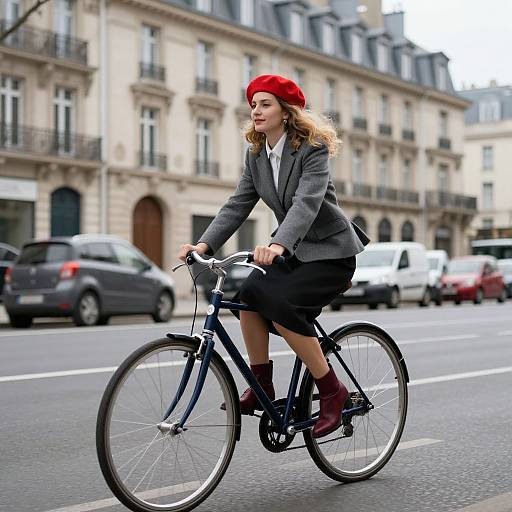 Photograph of a blonde woman in a gray blazer, black skirt, red beret, and red boots riding a black bicycle on a busy Paris