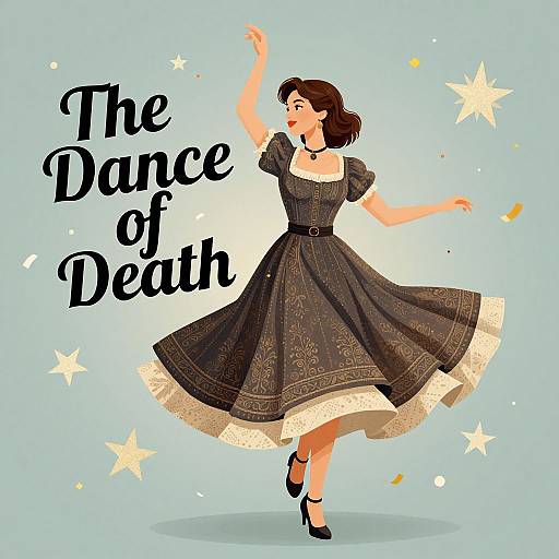 Digital illustration of a dancing woman in a black, patterned dress with white lace trim, black shoes, and brown hair, set against a light blue