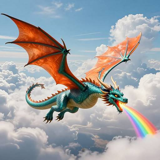 Vibrant digital art of a blue dragon with red-orange wings and scales, flying through a bright blue sky with fluffy white clouds, breathing a mult