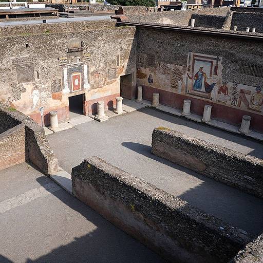 Photograph of a sunlit ancient Roman courtyard with stone walls, a frescoed wall, arched openings, and shadowed pathways.