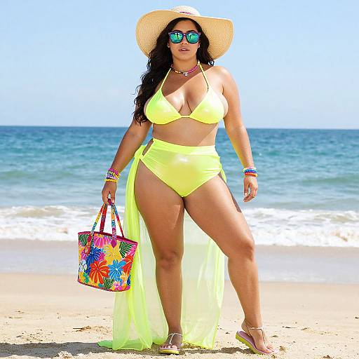 Photograph of a curvy, dark-haired woman in a bright yellow bikini and wide-brimmed hat, holding a colorful tote, standing on a