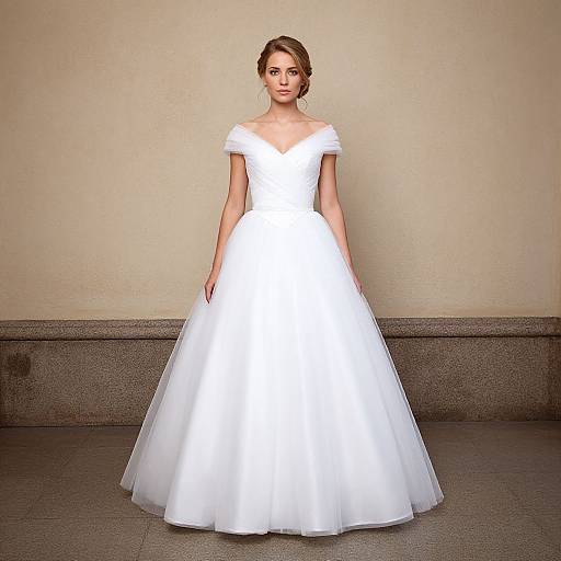 Photograph of a young woman with fair skin and brown hair in a white, off-the-shoulder, voluminous wedding gown, standing against a