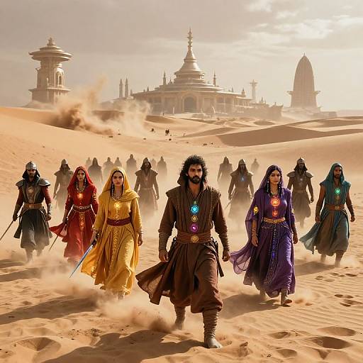 Epic desert scene: Bearded man in brown robes leads colorful-clad woman and warriors toward ancient temple, dust clouds beneath. (Digital art)