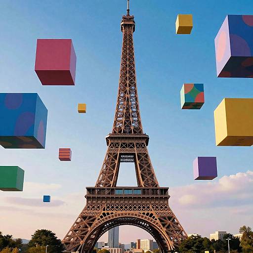 Photograph of the Eiffel Tower with colorful, floating 3D cubes against a clear blue sky and distant cityscape.