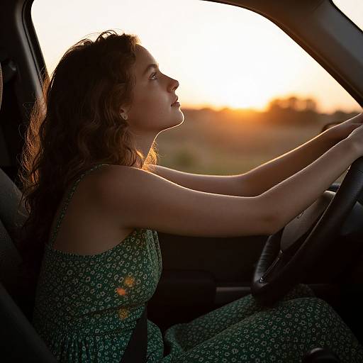 Photograph of a curly-haired woman in a green floral dress, driving at sunset, sunlight casting a warm glow through the car window.