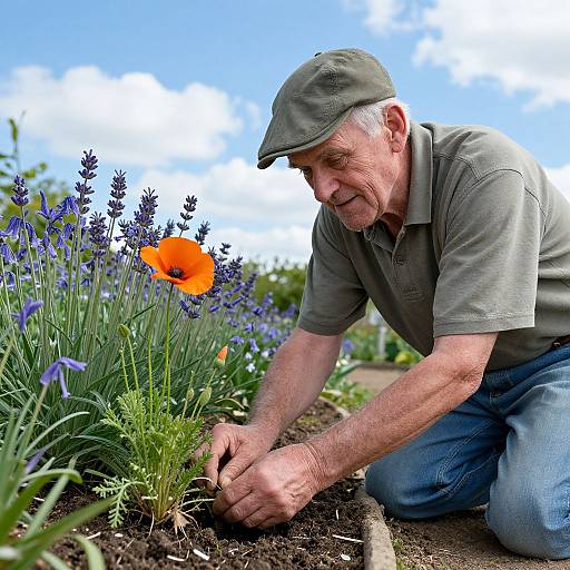 Photograph of an elderly white man with gray hair, wearing a green cap and polo shirt, planting flowers in a vibrant garden with bluebells and
