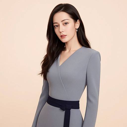 Photorealistic CGI image of an Asian woman with long black hair, wearing a light blue V-neck dress with black belt, standing against a plain white