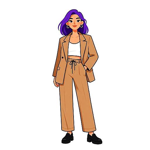 Digital illustration of a confident woman with purple hair, wearing a tan blazer, white crop top, high-waisted pants, and black shoes.