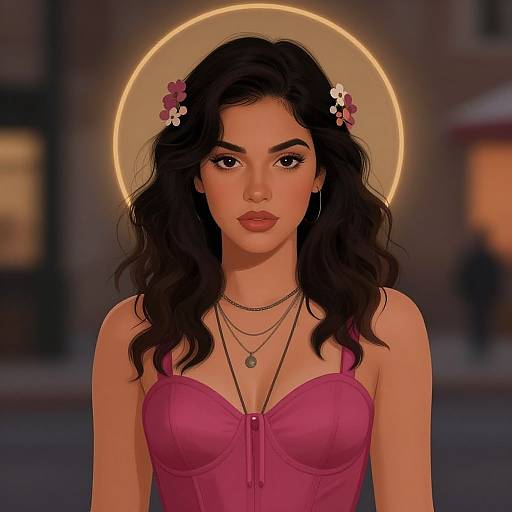 Digital art of a young woman with wavy black hair, pink flower hairpins, pink strapless top, layered necklaces, glowing halo, and