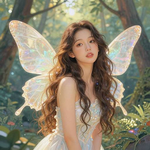 Photorealistic digital artwork of a young woman with long, wavy brown hair, wearing a white, sparkly dress, and glowing, irides