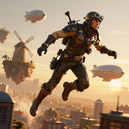 Steampunk Aviator Soaring at Dawn
