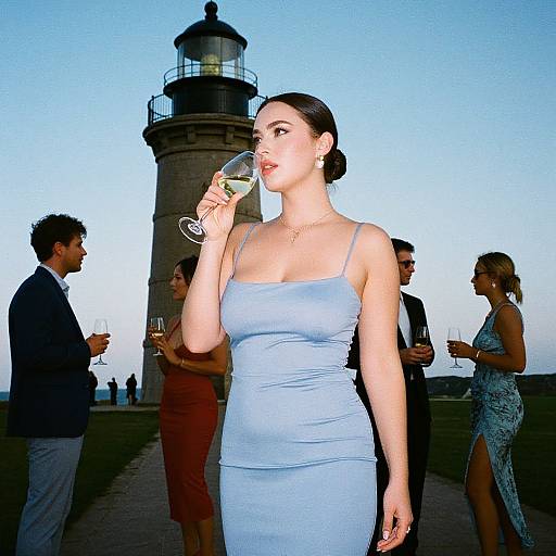 Photograph of a formal event: fair-skinned woman in blue dress sips champagne, dark hair in bun, lighthouse in background, four other