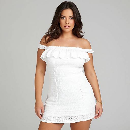 Photograph of a curvy woman with long black hair, wearing a white off-shoulder, lace-trimmed mini dress, standing against a