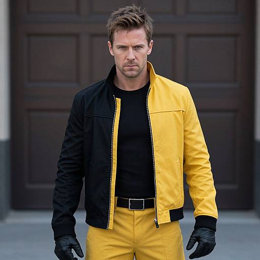 Photograph of a serious, handsome man with short brown hair wearing a yellow jacket, black shirt, yellow pants, and black gloves, standing in front