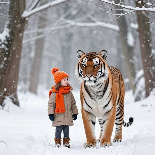 Photograph of a young child in winter clothes, orange scarf and hat, standing beside a large tiger in a snowy forest.